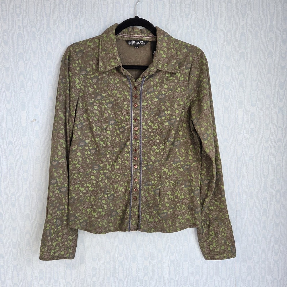 Women's Medium Button Down Shirt Green Floral Crinkle Earthy Forest Nature